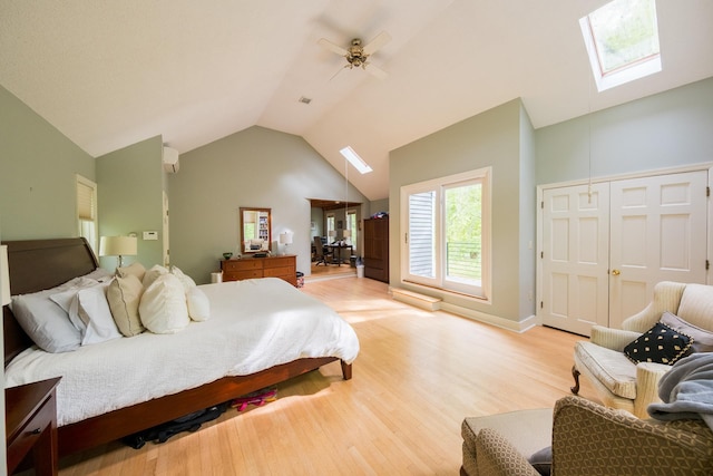 1900 Home, Sheffield, MA 01230 - bedroom with a skylight, light wood-style floors, vaulted ceiling, ceiling fan, and baseboards