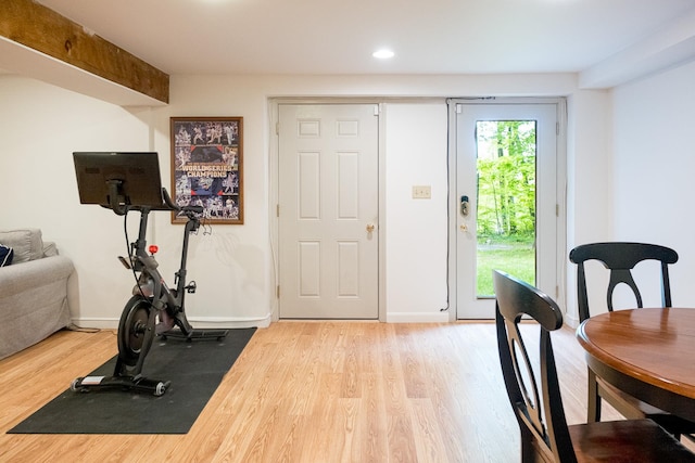 1900 Home, Sheffield, MA 01230 - exercise room featuring wood finished floors, baseboards, and recessed lighting