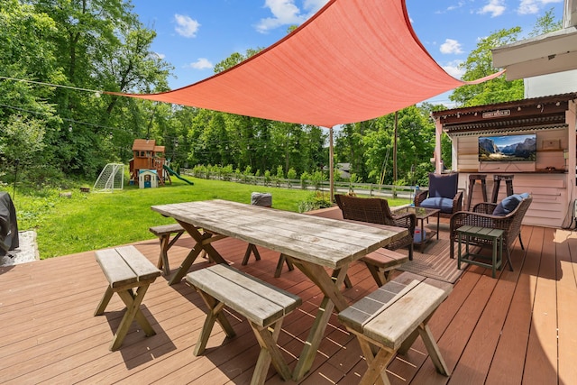 10 Hy Vue Ter, Cold Spring, NY 10516 - wooden terrace featuring outdoor dining area and a playground