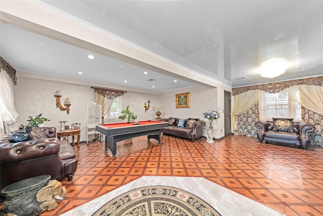 32 Henry Pl, Staten Island, NY 10305 - rec room featuring plenty of natural light, pool table, crown molding, and recessed lighting