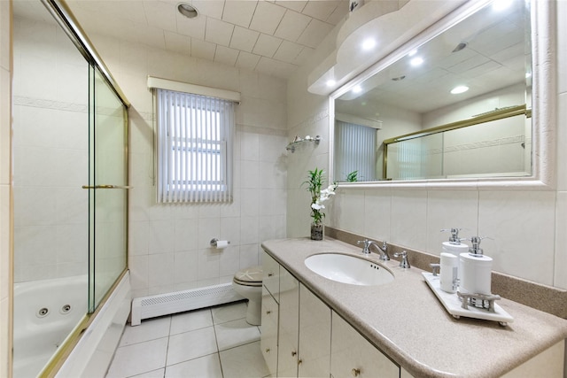32 Henry Pl, Staten Island, NY 10305 - full bathroom with a baseboard heating unit, tile patterned floors, combined bath / shower with glass door, toilet, and vanity