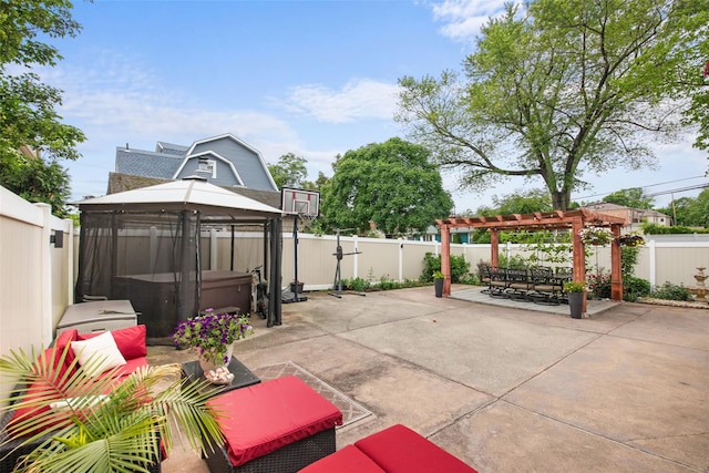 32 Henry Pl, Staten Island, NY 10305 - fenced backyard with a hot tub, a patio area, a pergola, and a gazebo