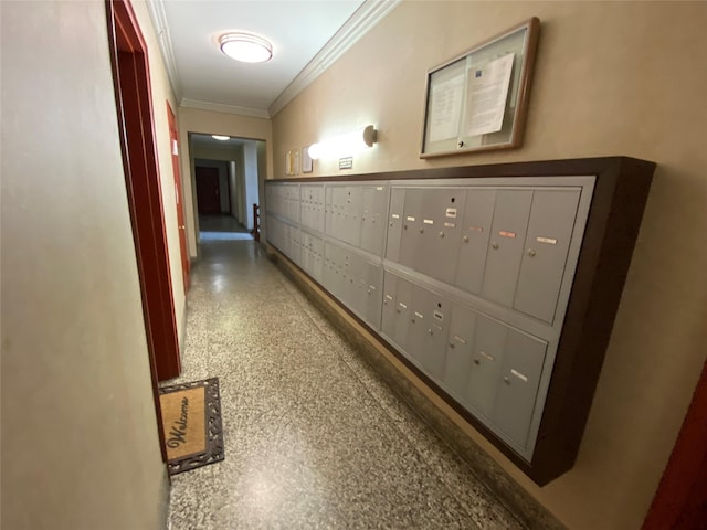 501 Riverdale Ave Unit 6L, Yonkers, NY 10705 - hall with mail area, crown molding, speckle patterned floor, and baseboards