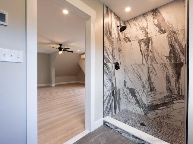 123 Wildwood Way, Forestburgh, NY 12777 - bathroom featuring tiled shower, recessed lighting, ceiling fan, wood finished floors, and baseboards