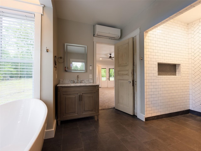 123 Wildwood Way, Forestburgh, NY 12777 - full bathroom featuring a wall mounted air conditioner, a bath, vanity, ceiling fan, and tile patterned floors