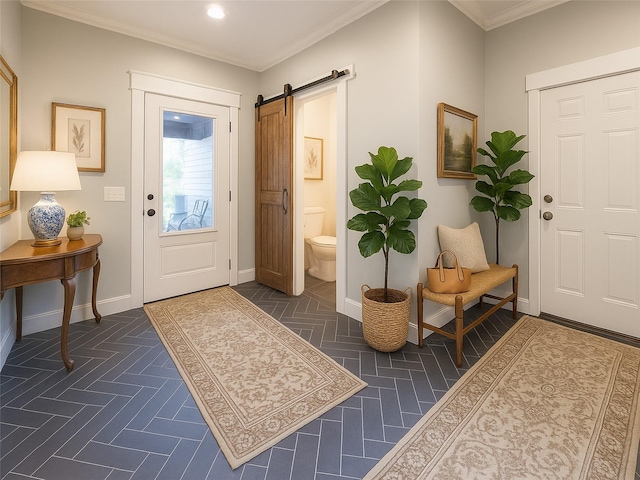 123 Wildwood Way, Forestburgh, NY 12777 - entrance foyer featuring a barn door, baseboards, recessed lighting, and crown molding