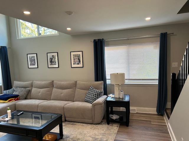 38 Tulip Ct, Nanuet, NY 10954 - living room featuring wood finished floors, recessed lighting, baseboards, and stairway