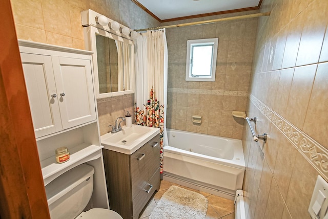 215 Lyman Rd, East Patchogue, NY 11772 - full bathroom with vanity, ornamental molding, tile patterned floors, toilet, and tile walls
