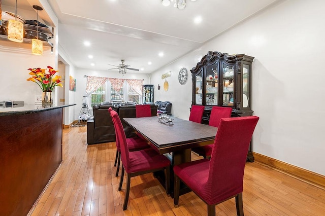 3415 91st St, East Elmhurst, NY 11369 - dining space featuring light wood-type flooring, ceiling fan, recessed lighting, and baseboards