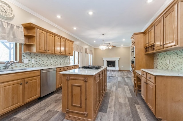 61 Sherwood Hts, Wappingers Falls, NY 12590 - kitchen with appliances with stainless steel finishes, a sink, a center island, open shelves, and dark wood-type flooring