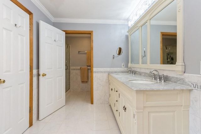 61 Sherwood Hts, Wappingers Falls, NY 12590 - full bathroom with double vanity, tile walls, ornamental molding, tile patterned flooring, and wainscoting