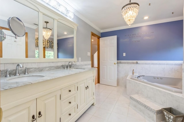 61 Sherwood Hts, Wappingers Falls, NY 12590 - full bathroom with a chandelier, double vanity, tile patterned flooring, a garden tub, and ornamental molding