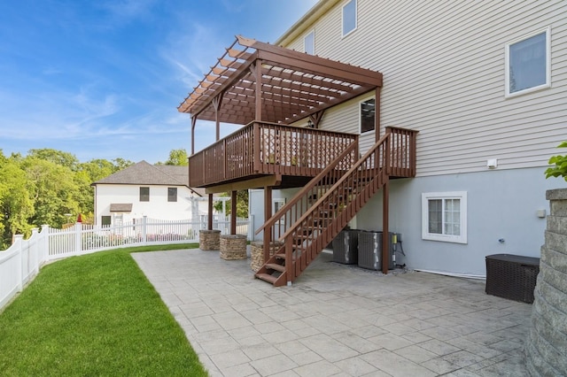 61 Sherwood Hts, Wappingers Falls, NY 12590 - back of property with a pergola, a deck, a patio, stairs, and stucco siding