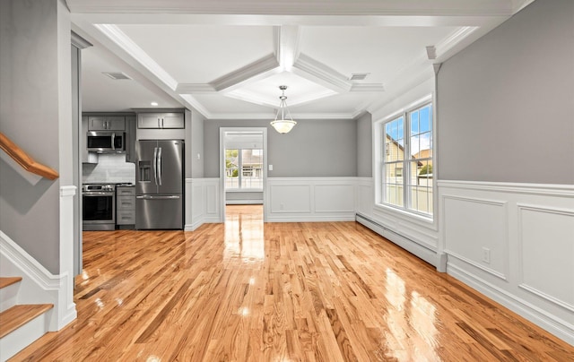 1850 Voshage St, Baldwin, NY 11510 - unfurnished dining area featuring a baseboard heating unit, coffered ceiling, healthy amount of natural light, stairs, and ornamental molding