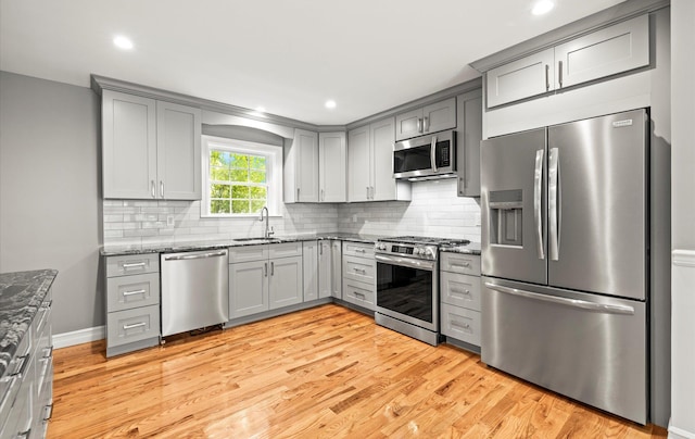 1850 Voshage St, Baldwin, NY 11510 - kitchen featuring stainless steel appliances, gray cabinetry, a sink, dark stone countertops, and recessed lighting