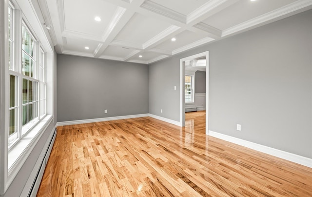 1850 Voshage St, Baldwin, NY 11510 - empty room with light wood-style flooring, plenty of natural light, beam ceiling, baseboards, and coffered ceiling