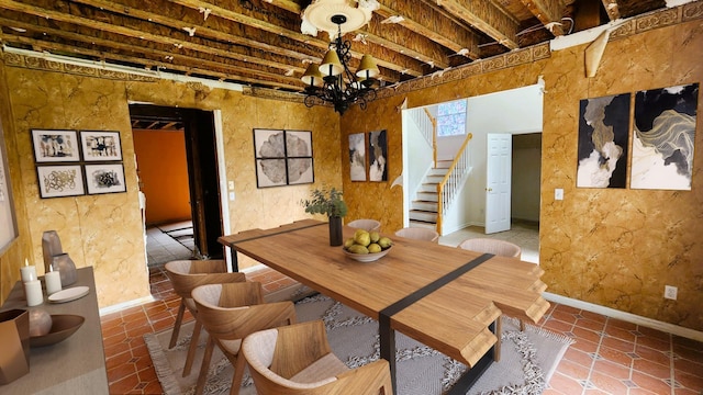 28 Hynard Pl, Baldwin Place, NY 10505 - dining space with stairs, tile patterned flooring, baseboards, and a chandelier