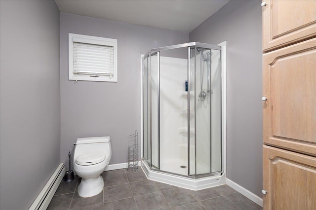 1360 Powell Ave, Merrick, NY 11566 - bathroom with a baseboard radiator, tile patterned flooring, and a shower stall