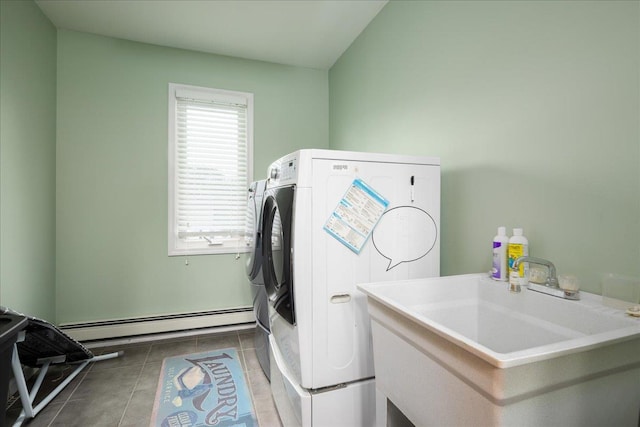 1360 Powell Ave, Merrick, NY 11566 - laundry area featuring a baseboard radiator, separate washer and dryer, and dark tile patterned flooring