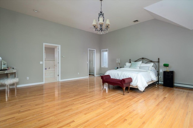 1360 Powell Ave, Merrick, NY 11566 - bedroom featuring a chandelier, wood finished floors, a baseboard heating unit, and a towering ceiling