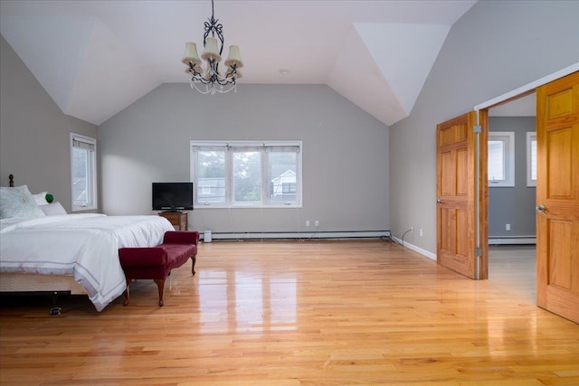 1360 Powell Ave, Merrick, NY 11566 - bedroom with baseboard heating, multiple windows, a chandelier, and lofted ceiling
