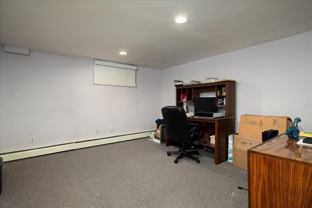 1360 Powell Ave, Merrick, NY 11566 - home office with carpet floors, a baseboard heating unit, and recessed lighting