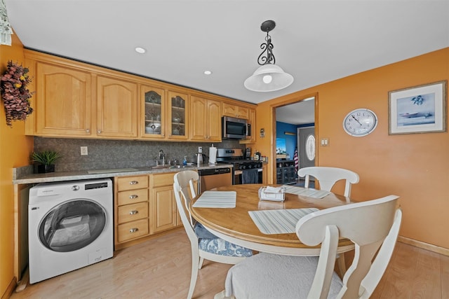 36 Peck St, Haverstraw, NY 10993 - dining space with washer / clothes dryer, light wood-style flooring, and recessed lighting