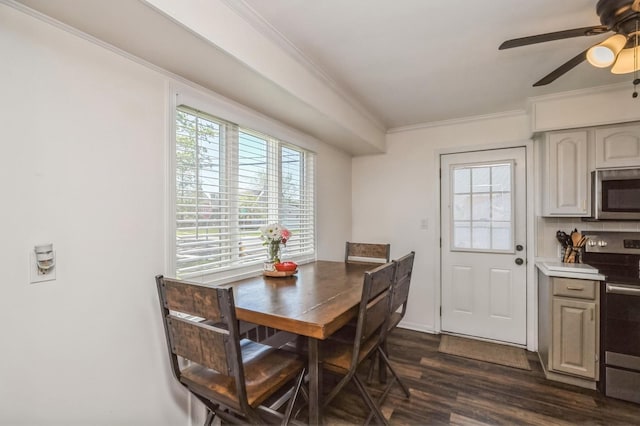 64 W Granada Ave, Lindenhurst, NY 11757 - dining space with ceiling fan, dark wood-style floors, and ornamental molding