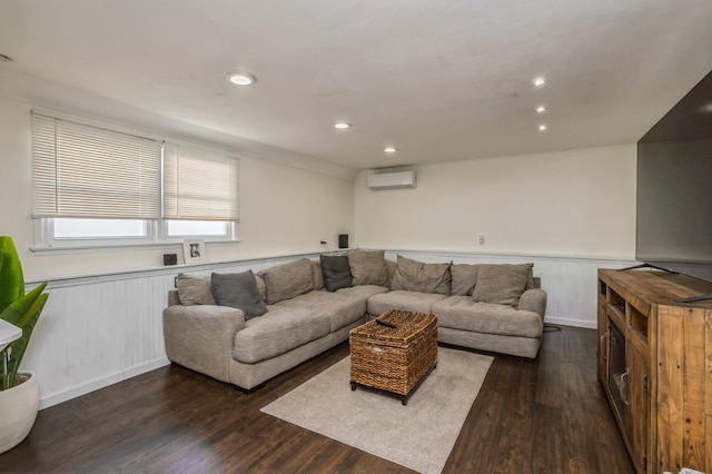 64 W Granada Ave, Lindenhurst, NY 11757 - living area featuring a wall mounted air conditioner, wood finished floors, wainscoting, and recessed lighting