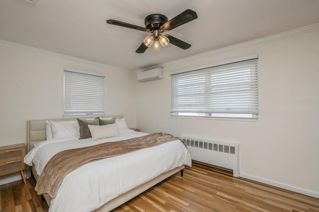 64 W Granada Ave, Lindenhurst, NY 11757 - bedroom with radiator, a wall mounted AC, ornamental molding, wood finished floors, and ceiling fan