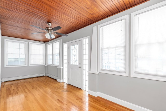 44 Wyoming Ave, Long Beach, NY 11561 - entryway featuring wood ceiling, baseboard heating, light wood-style flooring, baseboards, and a ceiling fan