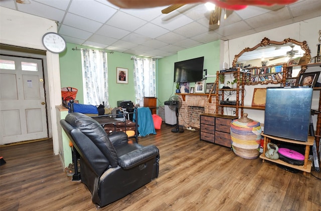 99 Pioneer St, Brooklyn, NY 11231 - living area featuring a drop ceiling, wood finished floors, and a ceiling fan