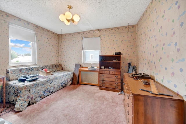 23 Lenox Pl, Freeport, NY 11520 - bedroom featuring wallpapered walls, multiple windows, light colored carpet, a textured ceiling, and radiator heating unit
