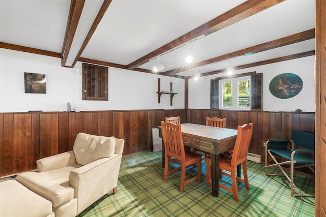 16 Fairway Dr, Eldred, NY 12743 - dining room featuring beam ceiling, wooden walls, wainscoting, and bar with sink