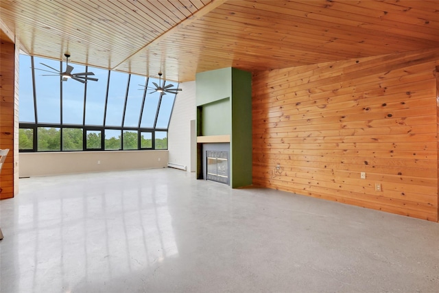 356 Bruyn Tpke, Wallkill, NY 12589 - unfurnished living room with wooden walls, a glass covered fireplace, a baseboard radiator, wood ceiling, and a ceiling fan