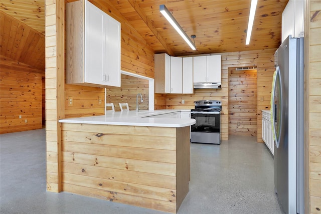 356 Bruyn Tpke, Wallkill, NY 12589 - kitchen with appliances with stainless steel finishes, wood walls, under cabinet range hood, a peninsula, and wood ceiling