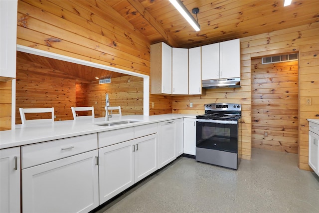 356 Bruyn Tpke, Wallkill, NY 12589 - kitchen with stainless steel electric stove, under cabinet range hood, wood walls, wooden ceiling, and white cabinetry