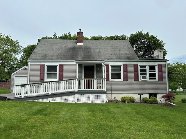 8 Spratt Ave, Poughkeepsie, NY 12603 - cape cod home with a chimney, a front yard, an outdoor structure, and covered porch