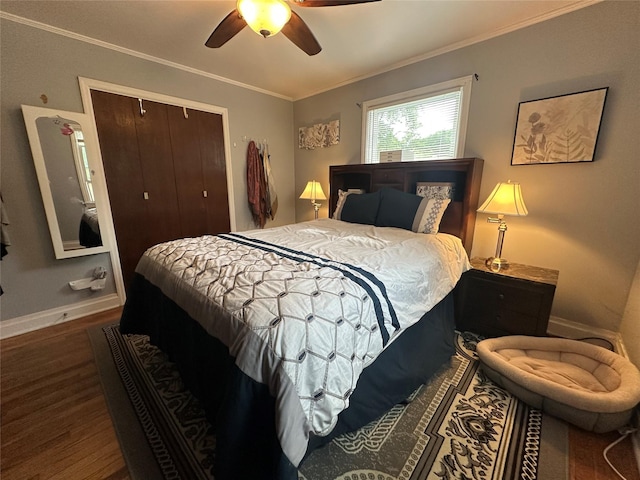 8 Spratt Ave, Poughkeepsie, NY 12603 - bedroom featuring wood finished floors, a closet, crown molding, baseboards, and a ceiling fan