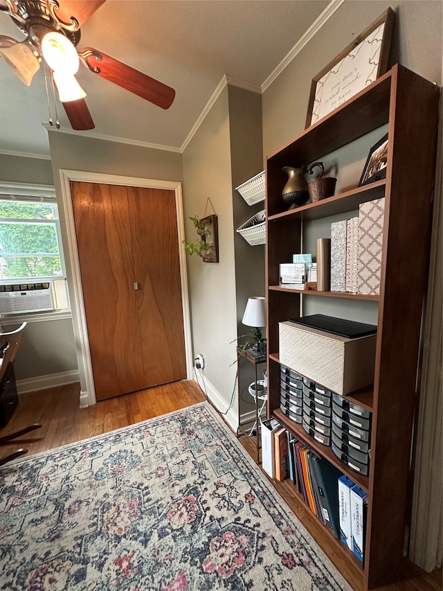 8 Spratt Ave, Poughkeepsie, NY 12603 - foyer entrance featuring wood finished floors, baseboards, a ceiling fan, cooling unit, and crown molding