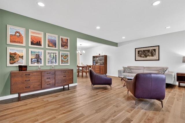 11 Robin Hood Rd, Montebello, NY 10901 - living area featuring a chandelier, light wood-style flooring, and recessed lighting