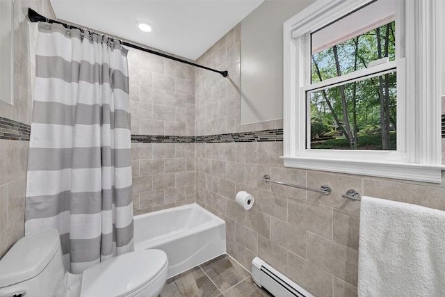 11 Robin Hood Rd, Montebello, NY 10901 - full bath featuring tile walls, shower / tub combo with curtain, and a baseboard radiator