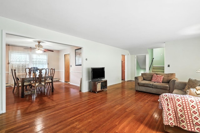 239 Lake St, West Harrison, NY 10604 - living area featuring wood-type flooring, stairway, and a ceiling fan
