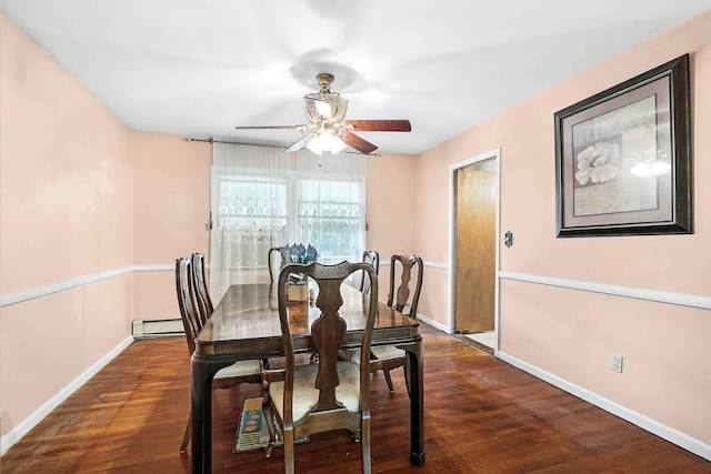 239 Lake St, West Harrison, NY 10604 - dining area featuring a baseboard heating unit, a ceiling fan, and wood finished floors