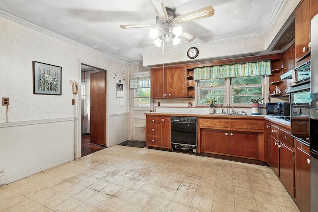 239 Lake St, West Harrison, NY 10604 - kitchen featuring open shelves, a ceiling fan, light countertops, crown molding, and dishwasher