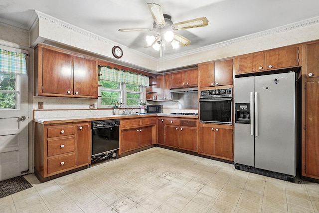 239 Lake St, West Harrison, NY 10604 - kitchen with black appliances, light countertops, ceiling fan, crown molding, and brown cabinets