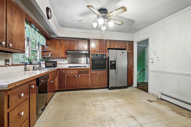 239 Lake St, West Harrison, NY 10604 - kitchen with black appliances, under cabinet range hood, crown molding, ceiling fan, and open shelves