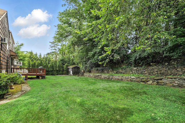 239 Lake St, West Harrison, NY 10604 - view of grassy yard with a storage shed and a wooden deck