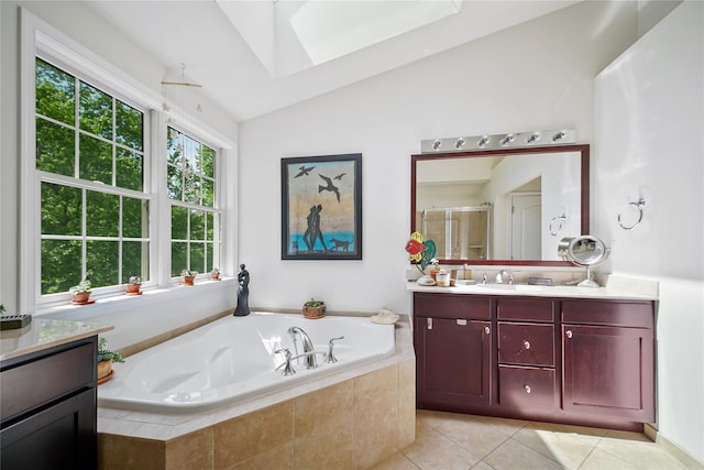 27 Sommerset Dr, Poughkeepsie, NY 12603 - full bath with vanity, a stall shower, a bath, a skylight, and tile patterned floors