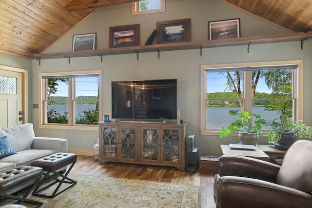 129 W Lakeshore Dr, Carmel, NY 10512 - living area featuring hardwood / wood-style floors, wood ceiling with exposed beams, baseboards, and high vaulted ceiling